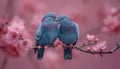 Two pigeons are sitting on a branch with pink flowers. Generative AI Royalty Free Stock Photo