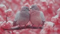 Two pigeons are sitting on a branch with pink flowers. Generative AI Royalty Free Stock Photo