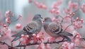 Two pigeons are sitting on a branch with pink flowers. Generative AI Royalty Free Stock Photo