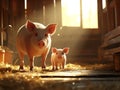 Two piglets standing together in a barn, looking at the camera in a warm and cozy setting. Royalty Free Stock Photo