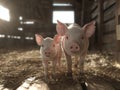 Two piglets standing together in a barn, looking at the camera in a warm and cozy setting. Royalty Free Stock Photo