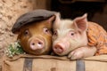 Two pigs sitting on a vintage travelling bag. Generative AI. Royalty Free Stock Photo