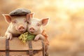 Two pigs sitting on a vintage travelling bag. Generative AI. Royalty Free Stock Photo