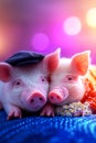 Two pigs sitting on a vintage travelling bag. Generative AI. Royalty Free Stock Photo