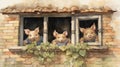 Watercolor Illustration: Three Pigs Looking Out Window