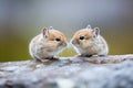two pikas facing each other on stones