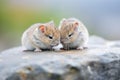 two pikas facing each other on stones