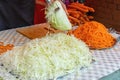 Two piles of cabbage and carrot strips