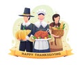 Two pilgrims and an Indian girl celebrate thanksgiving holding food. Flat vector illustration Royalty Free Stock Photo
