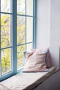 Two pillows airing on window sill in room