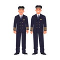 Two pilots of a passenger plane are wearing uniforms. Ship captain and co-pilot, airline employees on a white background Royalty Free Stock Photo