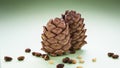two pine cones with pine nuts on a green background, close-up Royalty Free Stock Photo
