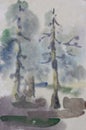 Two pine tree primitive watercolor art in diffuse wet style