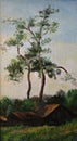 Two pine trees in the country in summer, oil painting