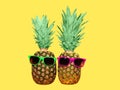 Two pineapple with sunglasses on yellow background Royalty Free Stock Photo