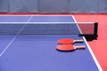 Two pingpong table tennis rackets for playing are laid on next to net on the blue table. This is one of ping pong sports equipment