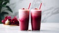 Two pink beetroot lattes, elegantly presented in glasses on a marble table. A nourishing and vibrant delight Royalty Free Stock Photo