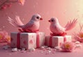 Two pink bird figurines are perched on white gift boxes adorned with pink floral patterns, set against a pink background Royalty Free Stock Photo
