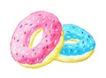 Two pink and blue donuts on white background
