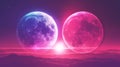 Two pink and blue moons are shown in a sky, AI