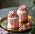 two pink cakes sitting on top of a gold plate