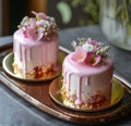 two pink cakes sitting on top of a gold plate