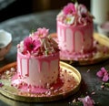two pink cakes sitting on top of a gold plate