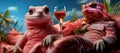 Two pink chameleons drinking wine on the beach. Vacation, party or holiday concept.