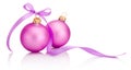 Two pink Christmas ball with ribbon bow Isolated on white background Royalty Free Stock Photo