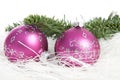 Two pink Christmas balls and pine tree over white background Royalty Free Stock Photo