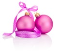 Two Pink Christmas balls with ribbon bow Isolated on white Royalty Free Stock Photo