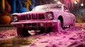 two pink and colorful car made of sand in the style of satirical expressionism, cars design