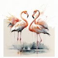 Two Pink Dancing Flamingo. Illustration AI Generative Royalty Free Stock Photo
