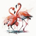 Two Pink Dancing Flamingo. Illustration AI Generative Royalty Free Stock Photo