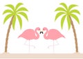 Two pink flamingo couple standing on one leg. Palms tree, island, beach sand. Exotic tropical bird. Zoo animal collection. Cute ca Royalty Free Stock Photo