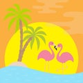 Two pink flamingo standing on one leg. Palms tree, island, ocean, see water wave, sun set. Exotic tropical bird. Zoo animal collec Royalty Free Stock Photo