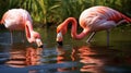 Two pink flamingos are searching feed in the water. AI Generative