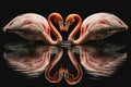 Two pink flamingos in the shape of a heart in the reflection pond. Love as an idea Royalty Free Stock Photo
