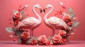 Two Pink flamingos Sign Love Heart in bouquet of Pink roses Royalty Free Stock Photo