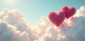 Two pink fluffy hearts drifting amongst soft clouds in a serene sky. Generative AI Royalty Free Stock Photo