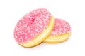 Two pink glazed delicious donuts