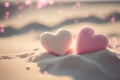 Two pink heart on sunset beach with bokeh light background. Love valentine and nature concept. Generative AI Royalty Free Stock Photo