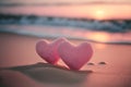 Two pink heart on sunset beach with bokeh light background. Love valentine and nature concept. Generative AI Royalty Free Stock Photo