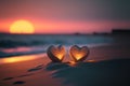 Two pink heart on sunset beach with bokeh light background. Love valentine and nature concept. Generative AI Royalty Free Stock Photo