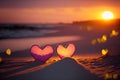 Two pink heart on sunset beach with bokeh light background. Love valentine and nature concept. Generative AI Royalty Free Stock Photo