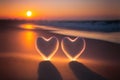 Two pink heart on sunset beach with bokeh light background. Love valentine and nature concept. Generative AI Royalty Free Stock Photo