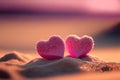 Two pink heart on sunset beach with bokeh light background. Love valentine and nature concept. Generative AI Royalty Free Stock Photo