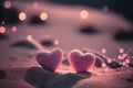 Two pink heart on sunset beach with bokeh light background. Love valentine and nature concept. Generative AI Royalty Free Stock Photo