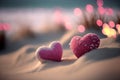 Two pink heart on sunset beach with bokeh light background. Love valentine and nature concept. Generative AI Royalty Free Stock Photo