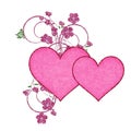 Two Pink Hearts with Glitter Flowers